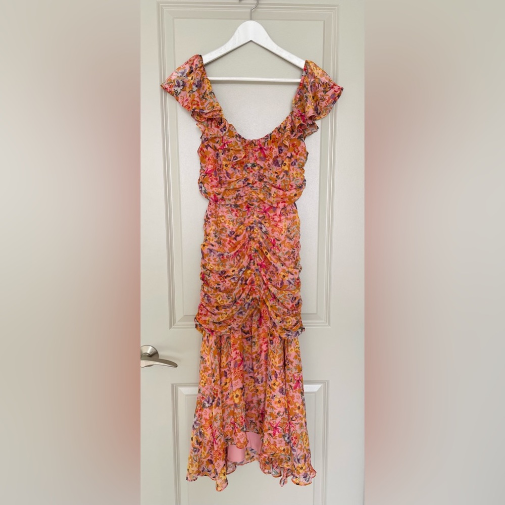 Astr Floral Ruffled Midi Dress in Pink and Orange